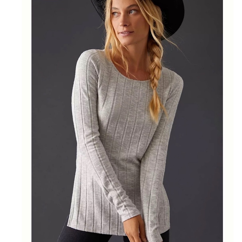 Anthropologie Ribbed Side-Slit Tunic in Light Gray Size Extra Small Cozy EUC